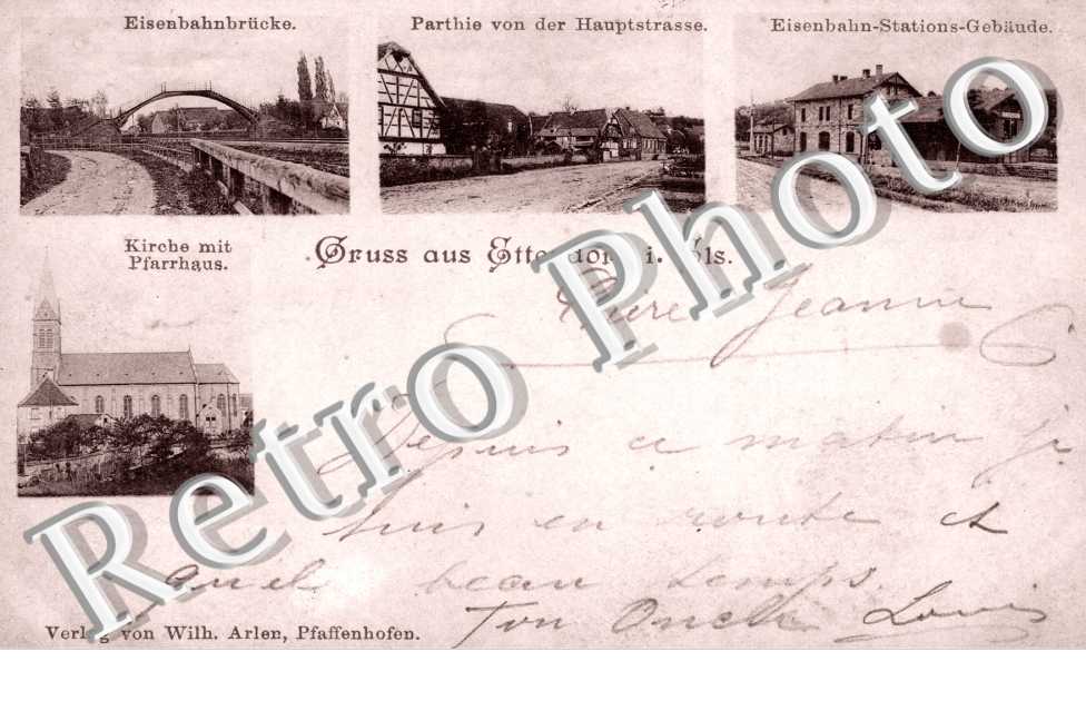 Eisenbahnbrucke, Parthie von der Hauptstrasse, Eisenbahn-Stations-Gebaude, Kirche mit Pfarrhaus