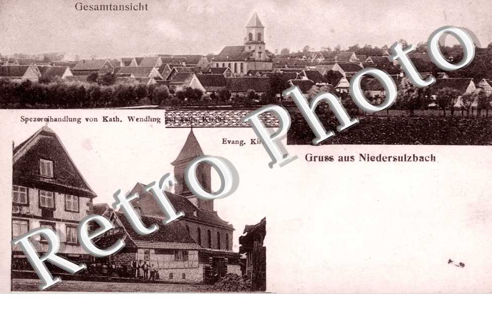 Evangelische Kirche, Spezereihandlung von Kath. Wendling, Gesamtansicht