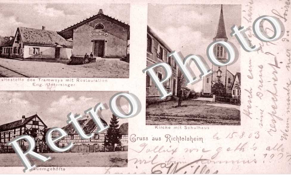 Haltestelle des Tramways mit Restauration, Bauerngehofte, Kirche