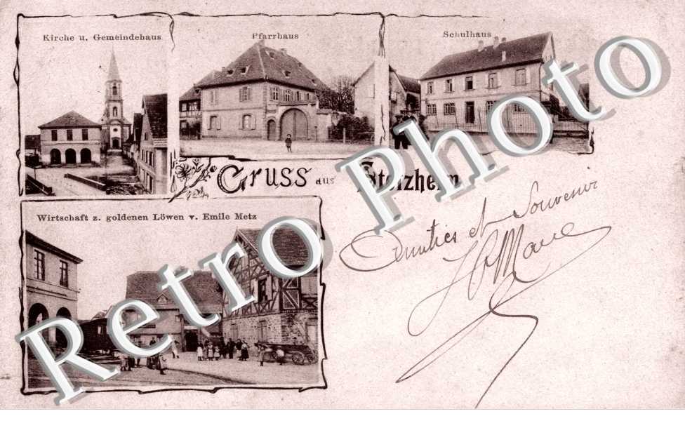 kirche u.Gemeindehaus, pfarrhaus, schulhaus, wirtschaft z. goldenen Lowen v. Emile Metz