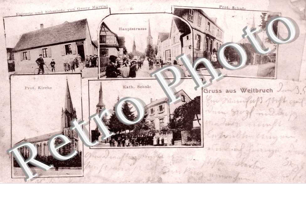 Hauptstrasse, Hatholische Schule, Protestante Kirche, Epicerie und Schmiede von Georg Martini