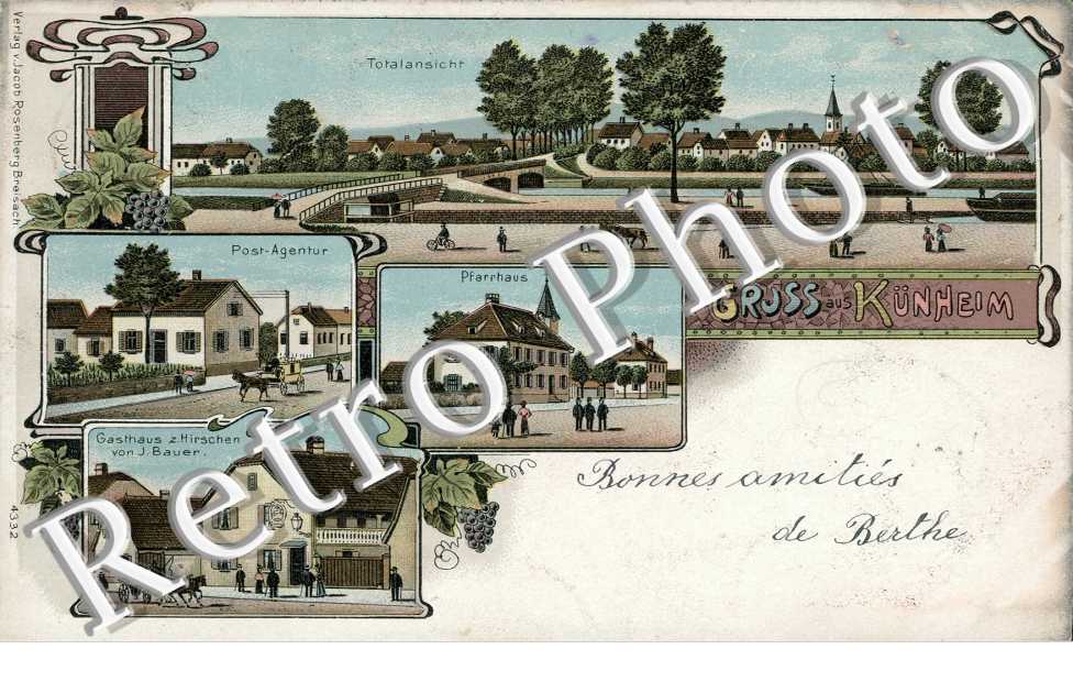 Gruss aus Kunheim, Pfarrhaus, Gasthaus zum Hirschen von J Bauer, Post-Agentur, Totalansicht