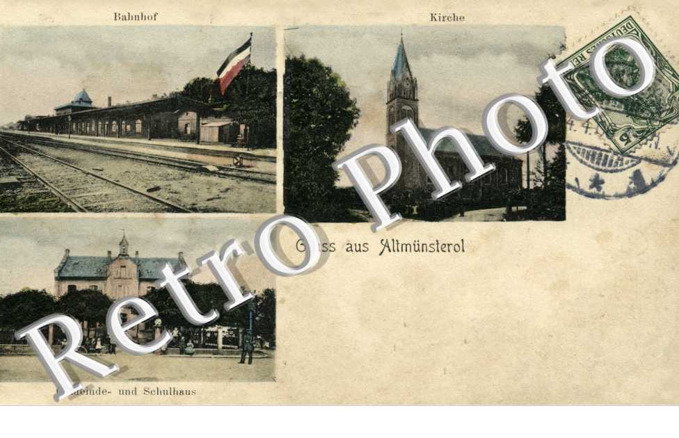 Gruss aus Altmunsterol - Bahnhof - Kirche - Gemeinde und Schulhaus