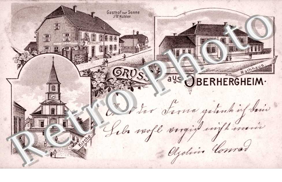 Rathhaus, Gasthof zur Sonne J. Kubler, Kirche, Gruss aus Oberheigheim