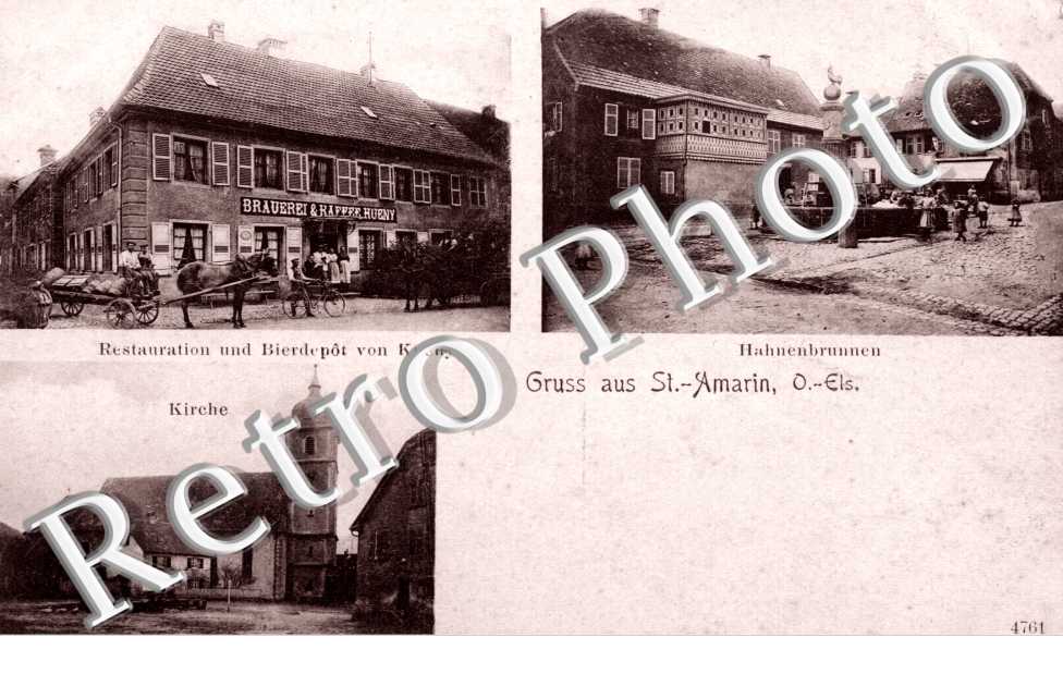 Gruss aus St Amarin - Kirche - Hahnenbrunnen - Restauration und Bierdepot von Kueny