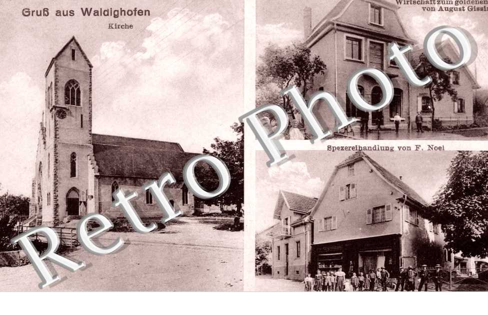 Kirche, Sperereibandiung von F. Noel, Wirtschaft zum goldenen Lamm von August Gissinger