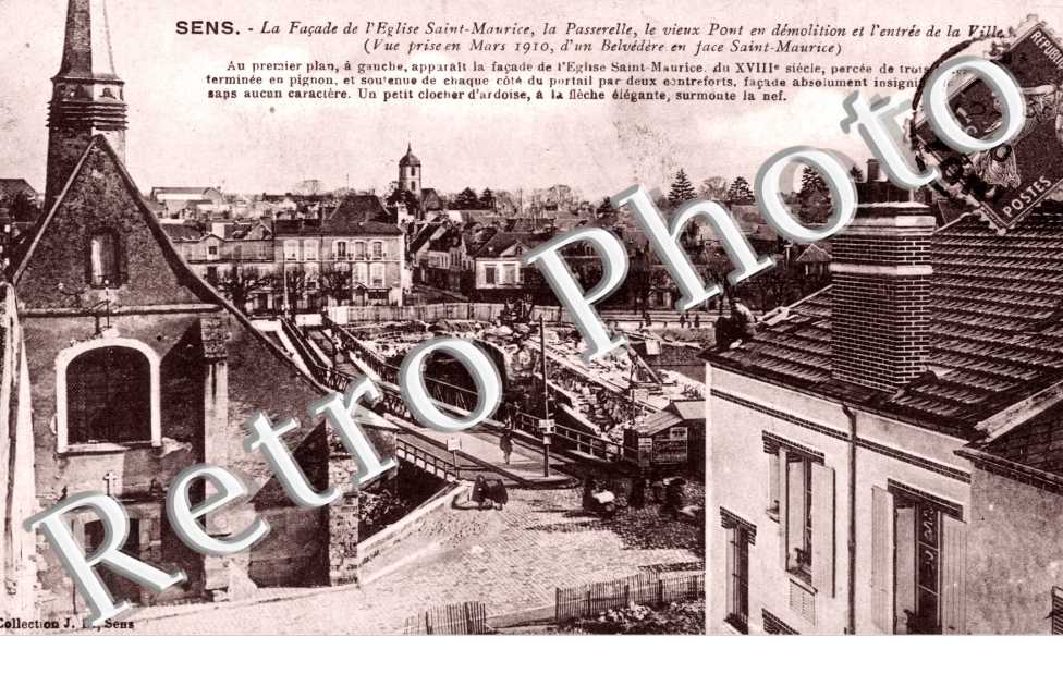 la Facade de l'Eglise Saint-Maurice, la Passerelle, le Vieux Pont en demolition et l'Entree de la Ville