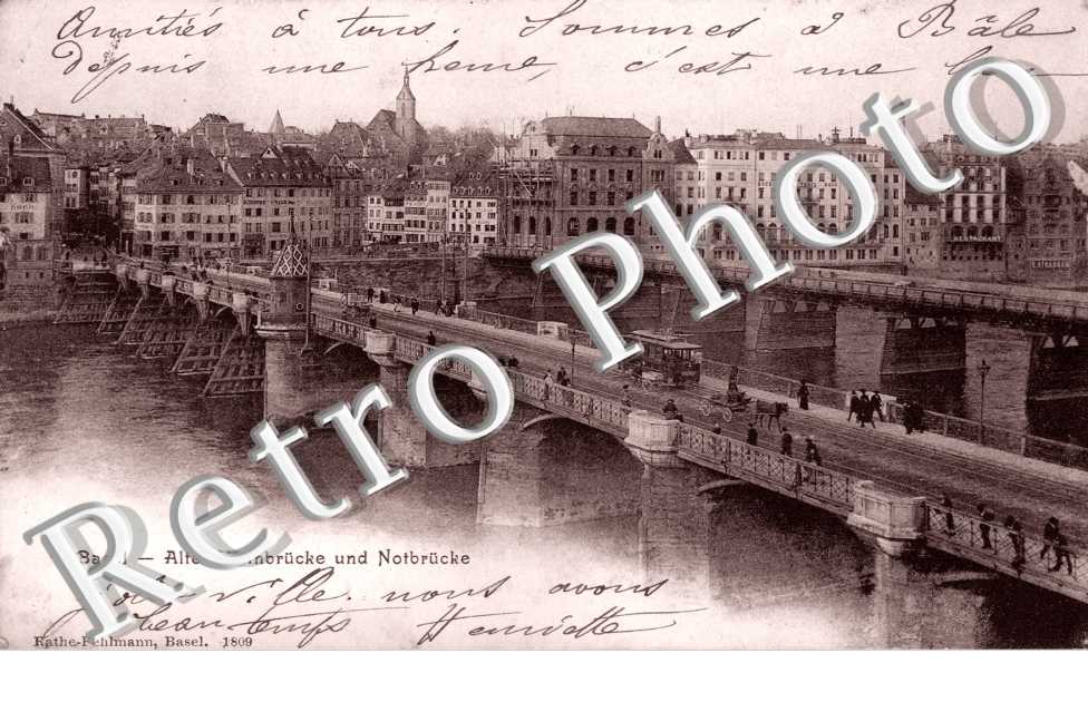 Alte Rheinbrucke und Notbrucke. Vieux pont du Rhin et pont d&#039;urgence