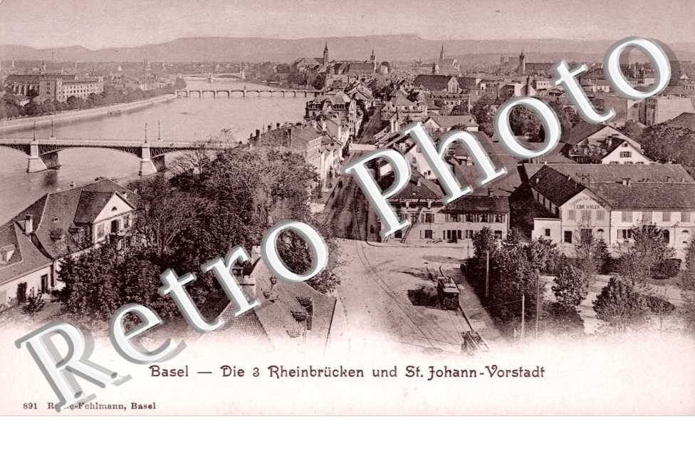 Die 3 Rheinbrucken und St Johann Vorstadt. Les 3 ponts sur le Rhin et la banlieue de St Johann
