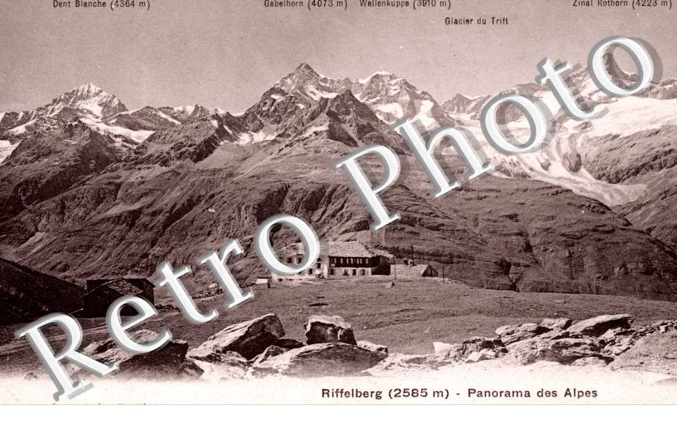 Dent Banche, Gabelhorn, Wellenkuppe, Giacier du Trift, Zinal Rothorn, Riffelberg, Panorama des Alpes