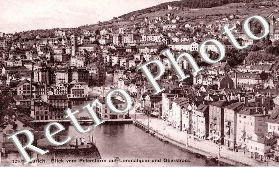 Blick vom Petersturm auf Limmatquai und Oberstrass. Vue de Petersturm sur Limmatquai et Oberstrass