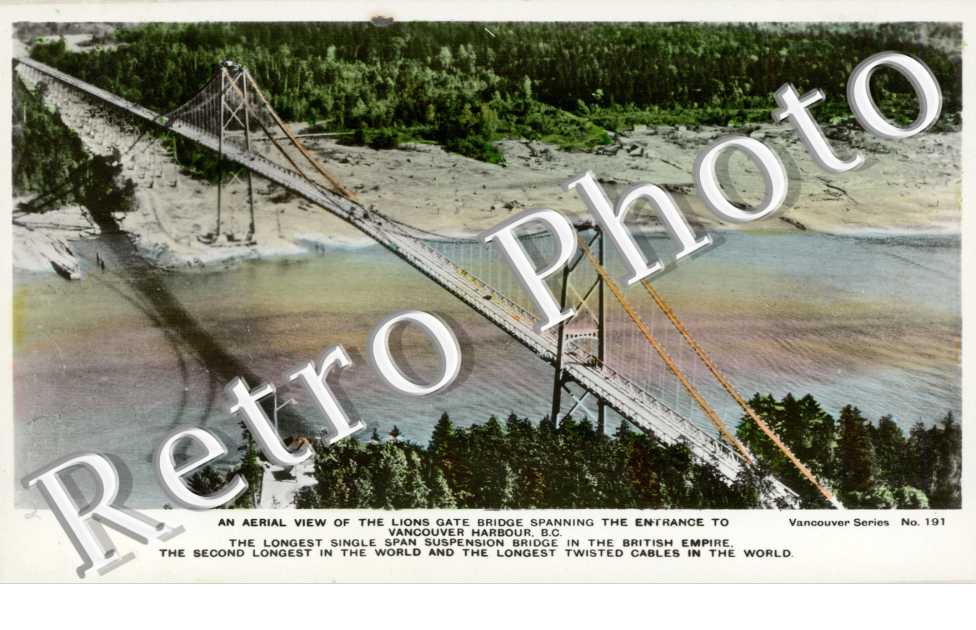 an aerial view of the Lions gate bridge spanning the entrance to Vancouver Harbour