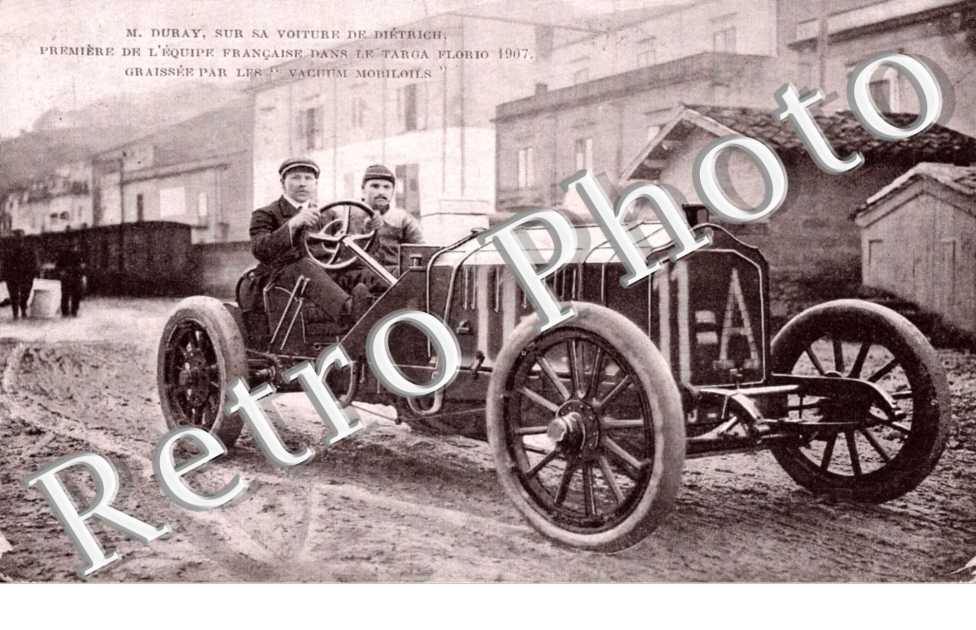M. Duray sur sa voiture De Dietrich premiere de l&#039;equipe francaise dans le Targa Florio 1907