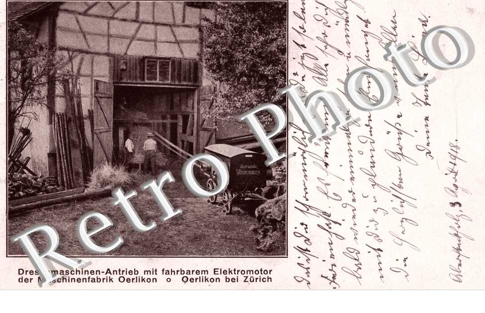 Zurick Dreschmaschinen-Antrieb mit fahrbarem Elektromotor der Maschinenfabrik Oerlikon