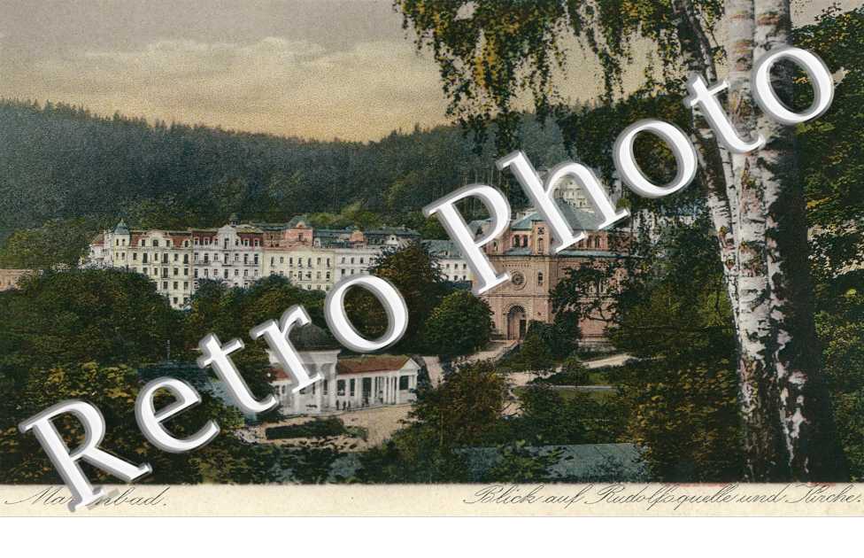 Marienbad, Blick auf Rudolfoquelle und Kirche