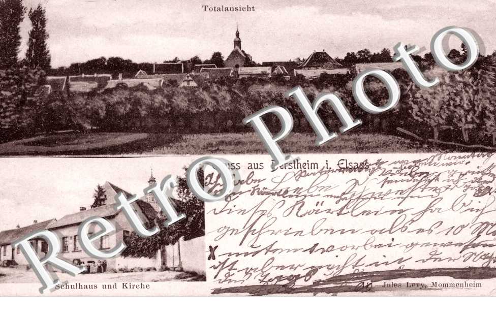 Gruss aus ... Totalansicht, Schulhaus und Kirche
