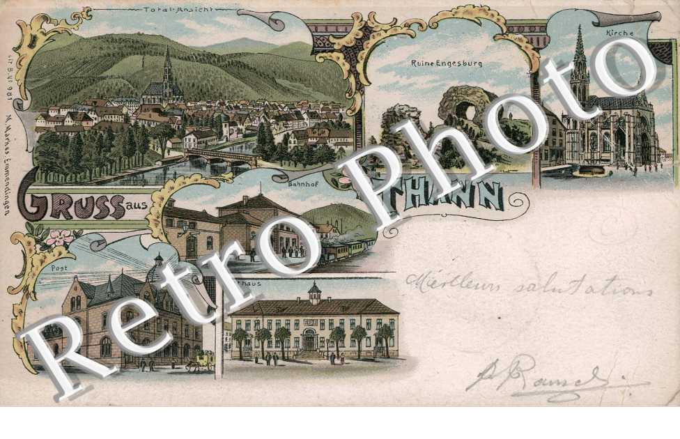 Totalansicht, Ruine Engelsburg, Kirche, Bahnhof, Rathaus, Post
