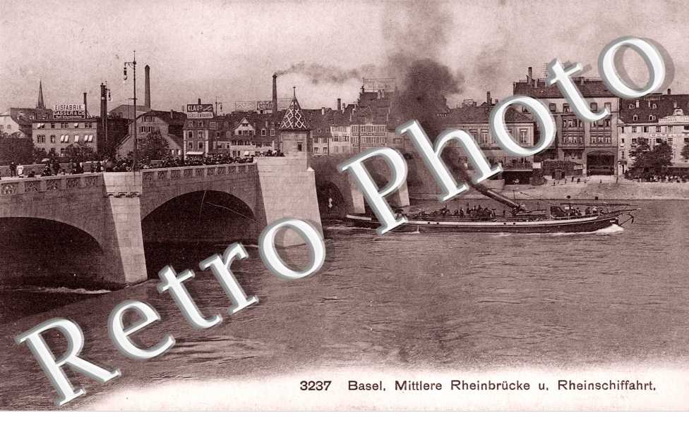 Mittlere Rheinbrucke und Rheinschiffahrt. Pont du Rhin et navigation sur le Rhin