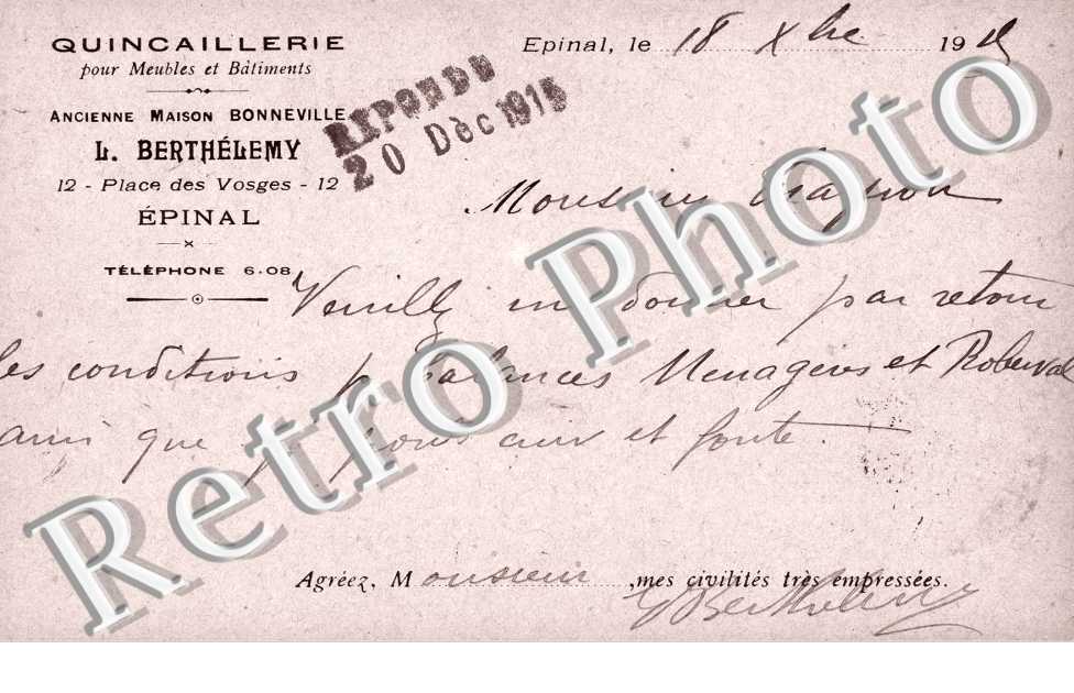 quincaillerie pour meubles et batiments L. Berthelemy 12 place des Vosges