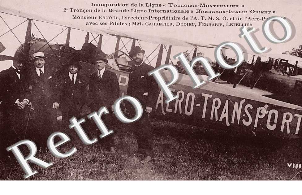 Inauguration de la ligne Toulouse-Montpellier. M. Ernoul propriétaire de l'Aéro-Publicité avec ses pilotes  (AVIATION)