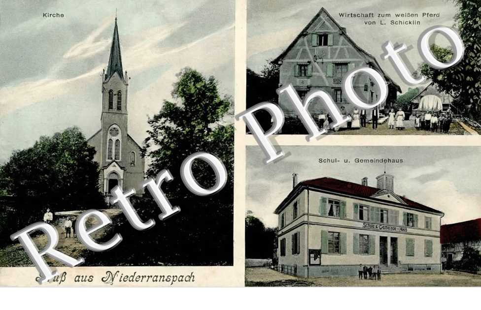 Wirtschaft zum weissen Pferd von L. Schicklin. Schul u. Gemeindehaus