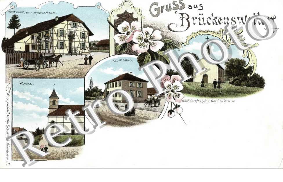 Gruss aus Brückensweiler. Wirtschaft zum grunen Baum. Kapelle Maria-Brunn