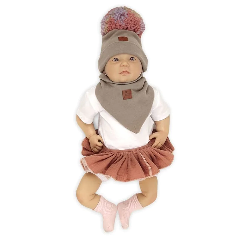 Pom Pom – komplet niemowlęcy czapka z bandanką ALPACA BOHO Cafe Latte & Blush S