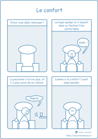 Une bande dessinée en quatre cases avec le texte suivant en narration : « Aviez-vous déjà remarqué ? Lorsque quelqu'un s'asseoit sur un fauteuil très confortable, la personne n'arrive plus et n'a plus envie de se lever. Comme si le confort l'avait emprisonnée».