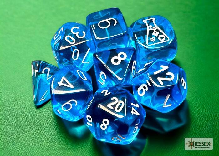 Set de 8 dés - Lab Dice - Translucent - Tropical Blue/White