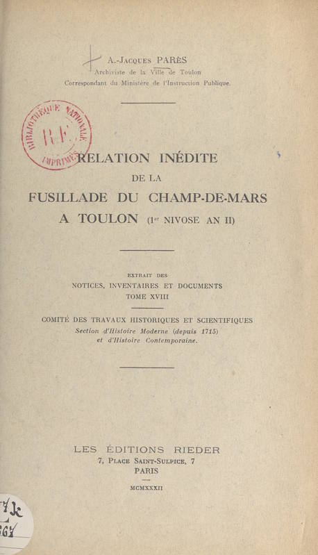 Relation inédite de la fusillade du Champ-de-Mars, à Toulon (Ier nivôse an II)