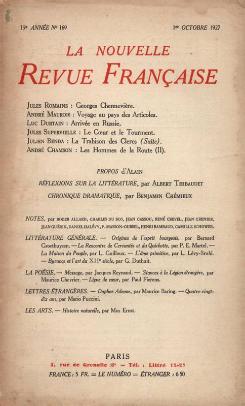 La Nouvelle Revue Française N' 169 (Octobre 1927)