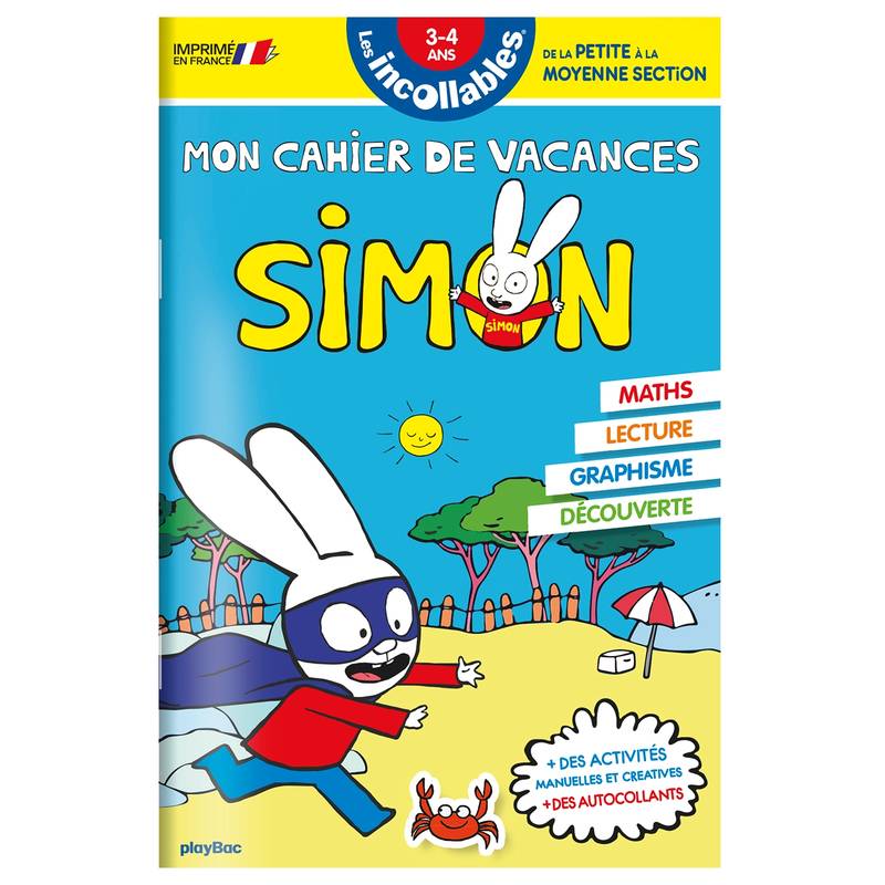 Jeux et Jouets Livres Parascolaire Maternelle Cahier de vacances 2024 Simon - Les incollables - Petite Section à Moyenne Section - 3/4 ans Play Bac Éditions