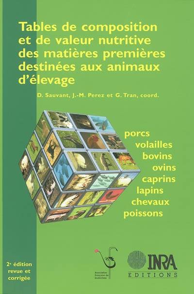 Tables de composition et de valeur nutritive des matières premières destinées aux animaux d'élevage, 2<SUP>ème</SUP> édition, revue et corrigée. Porcs, volailles, bovins, ovins, caprins, lapins, chevaux, poissons Institut national de la recherche agronomique, Association française de zootechnie, Institut national agronomique Paris-Grignon