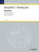 Nonetto, based on the quintet for four wind instruments and piano KV 452 by W. A. Mozart. oboe, clarinet in Bb, horn in Eb, bassoon, 2 violins, viola, cello and double bass. Partition.