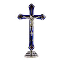 CRUCIFIX SOCLE NICKEL RESINE BLEUE 16CMS