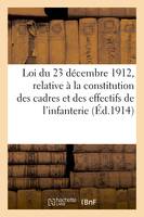 Loi du 23 décembre 1912 (modifiée par la loi du 15 avril 1914), relative à la constitution, des cadres et des effectifs de l'infanterie et instructions...