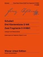 Three Piano Pieces D 946 and Two Fragmentary Piano Pieces D916/C, Edited from the sources by Ulrich Leisinger, Notes on interpretation by Robert D. Levin, Fingerings by Paul Badura-Skoda. piano.