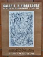 Affiche éditée à l'occasion de l'exposition des peintres suivants: Andreou-Bissière-Bocquet-Buffet-Fougert-Goerg-Guiramand-Maniglier-Mathieu-Marchand-Muhl-Waroquier; exposition du 21 juin au 31 juillet1966 à la Galerie R. Nidrecourt.