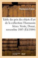 Table des prix d'adjudication et des noms d'acquéreurs des objets d'art, de la collection Thomassin frères. Vente, Douai, novembre 1883