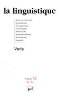 La linguistique 2016 - vol.52 - n° 1, Varia