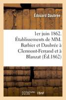 1er juin 1862. Établissements de MM. Barbier et Daubrée à Clermont-Ferrand et à Blanzat Puy-de-Dôme