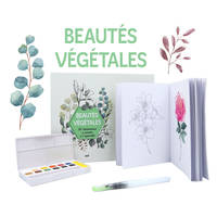 Coffret Beautés végétales - 30 illustrations à peindre à l'aquarelle - Un carnet avec des feuilles détachables, une palette de 12 couleurs et un pinceau réservoir