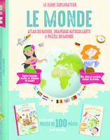 Coffret Le monde Le jeune explorateur, Atlas du monde, drapeaux autocollants et puzzle du monde