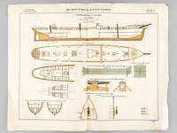 Aide-Mémoire d'Artillerie Navale. Planches. 2e Livraison 1879 (Chapitre VI : Renseignements sur les navires) : Planche 36 : Croiseurs de 3ème Classe. Le Limier. Coupe longitudinale, Plan des Gaillards, Plan des soutes aux poudres, Cheville ouvrière pou...