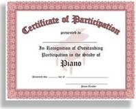 Certificate of Participation Piano - 10 Pack (Red), In Recognition of Outstanding Participation in the Study of Piano