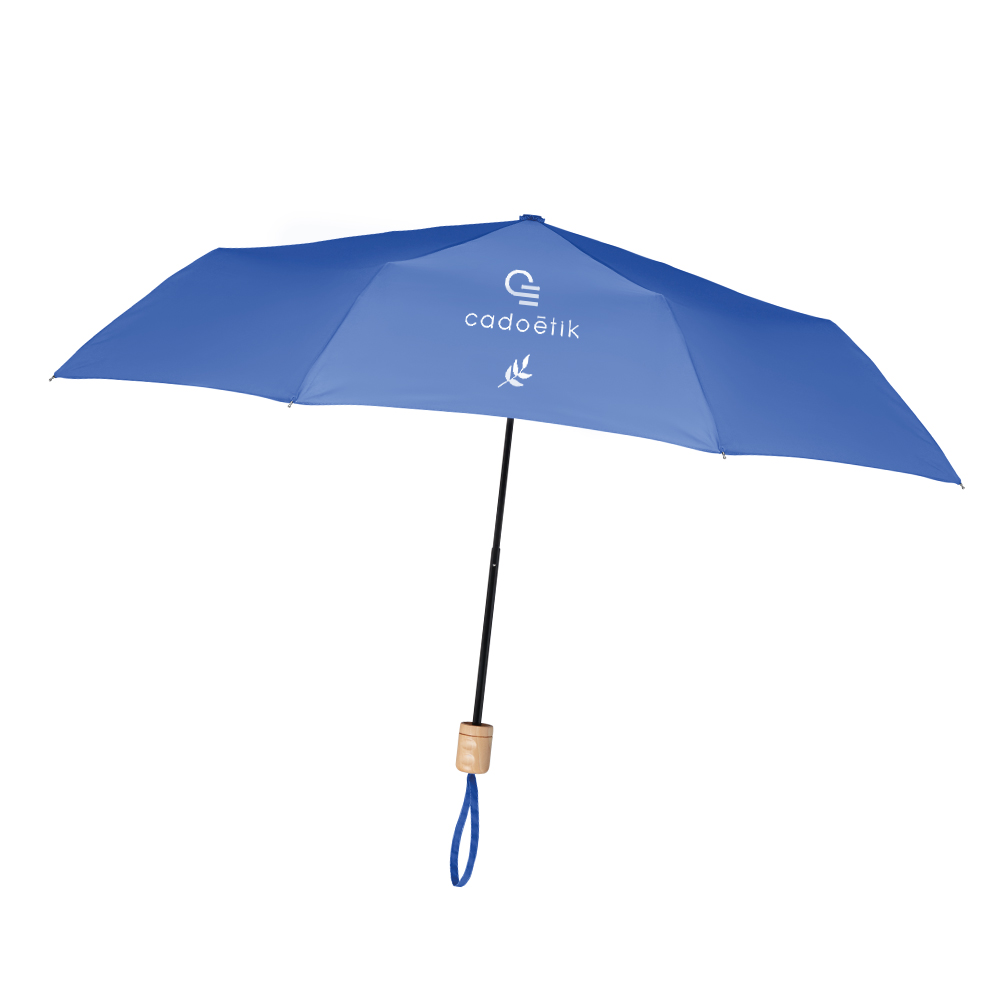 Parapluie publicitaire pliable en rPET Tralee bleu ouvert