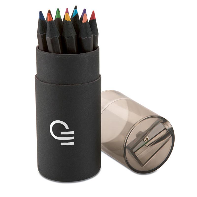 Set de 12 crayons de couleur bois noir - Cadeau publicitaire écologique