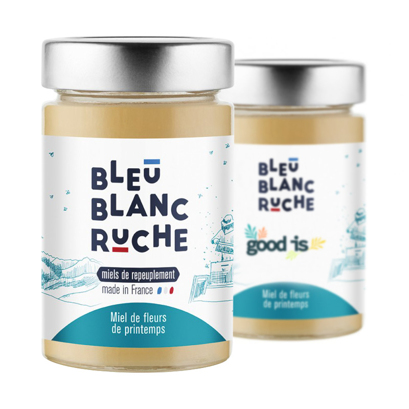 Pot de miel de fleurs de printemps publicitaire Bleu Blanc Ruche 