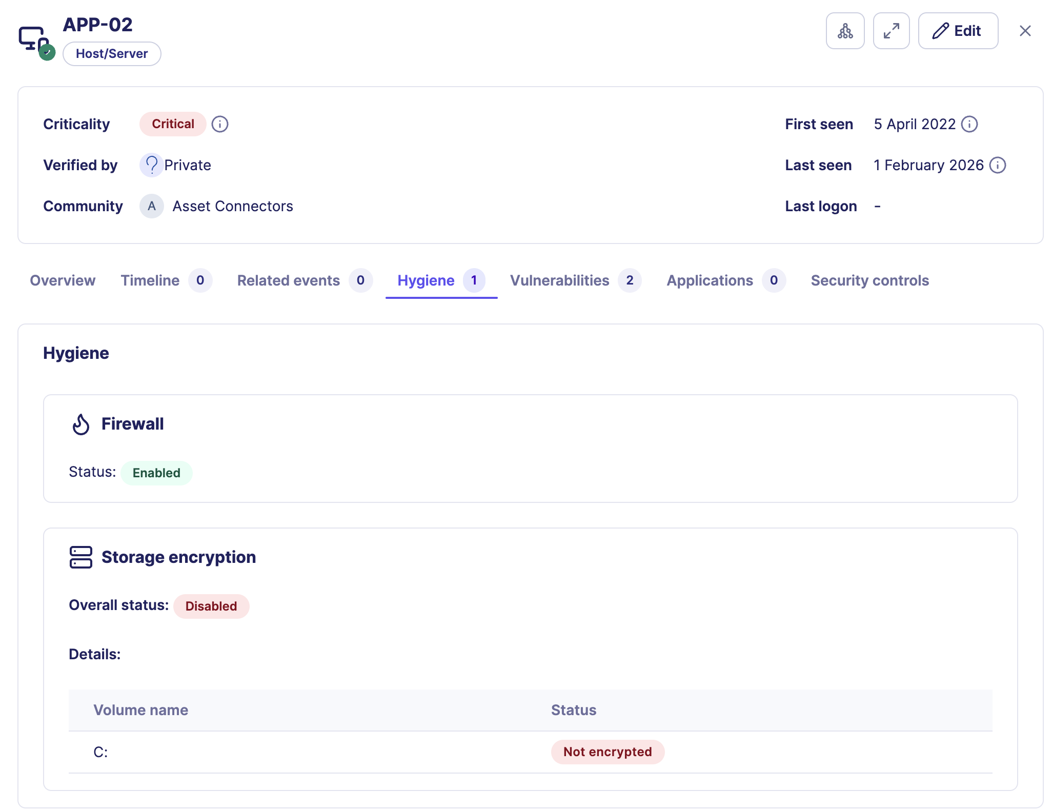 Hygiene tab displaying firewall and per-volume disk encryption status for a host asset.