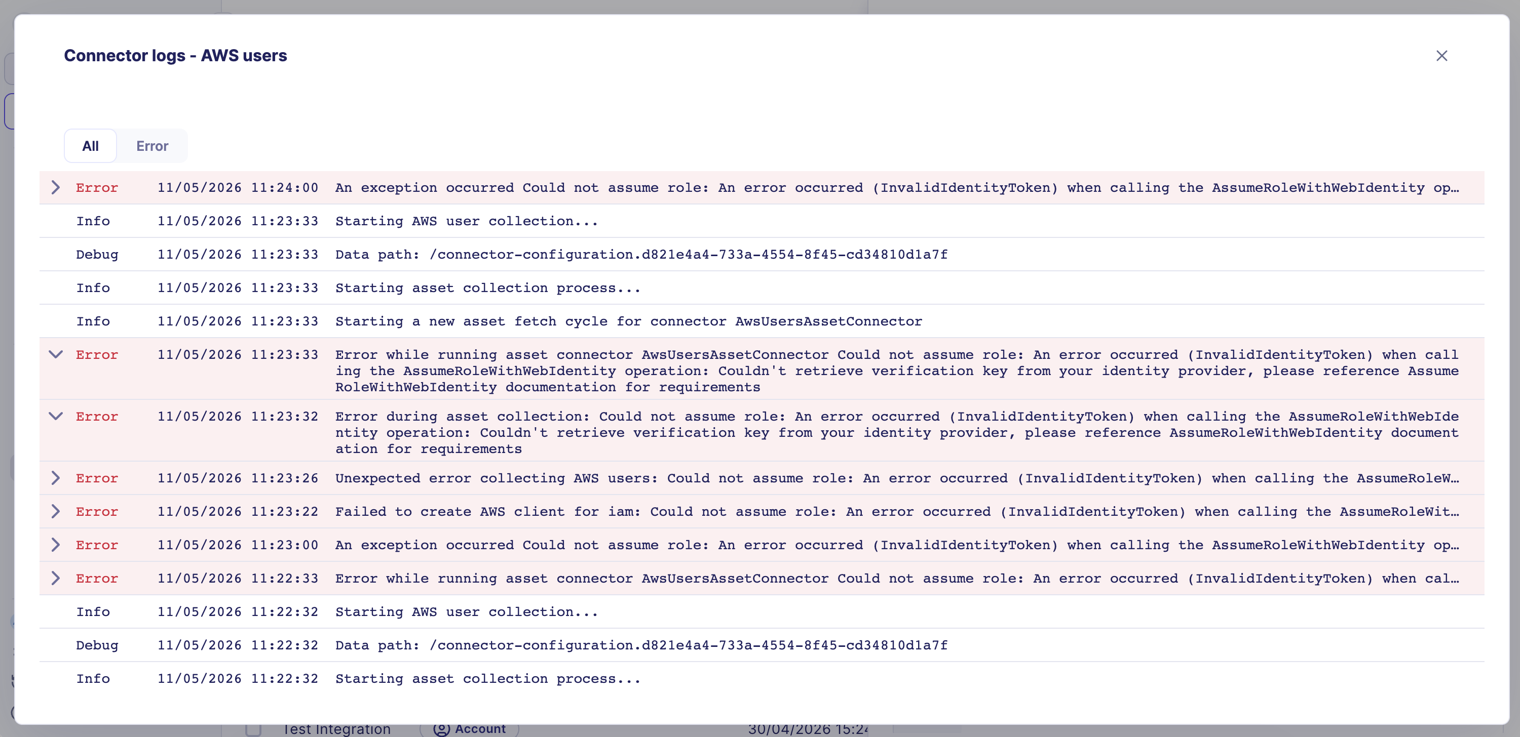 Asset connector log list with error entries
